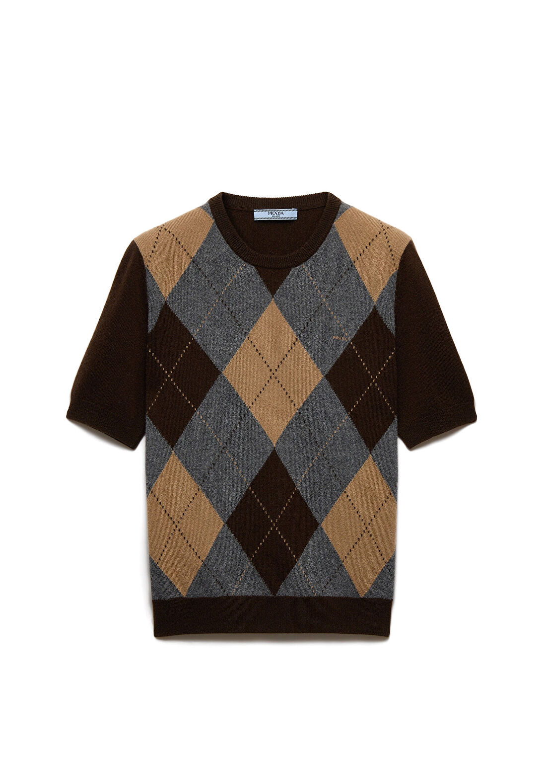 Prada Kahverengi Kaşmir Argyle Desenli Kısa Kollu Kadın Kazak