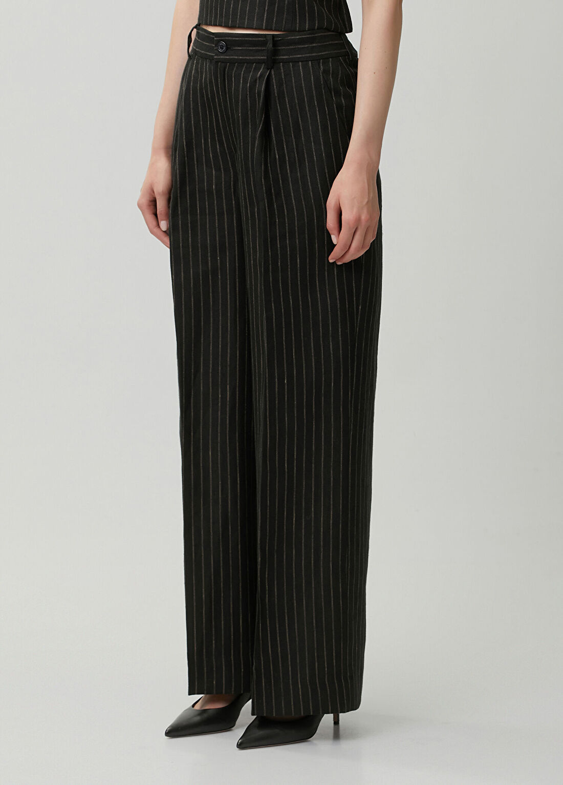 Lauren Ralph Lauren Siyah Çizgili Keten Pantolon görsel 3