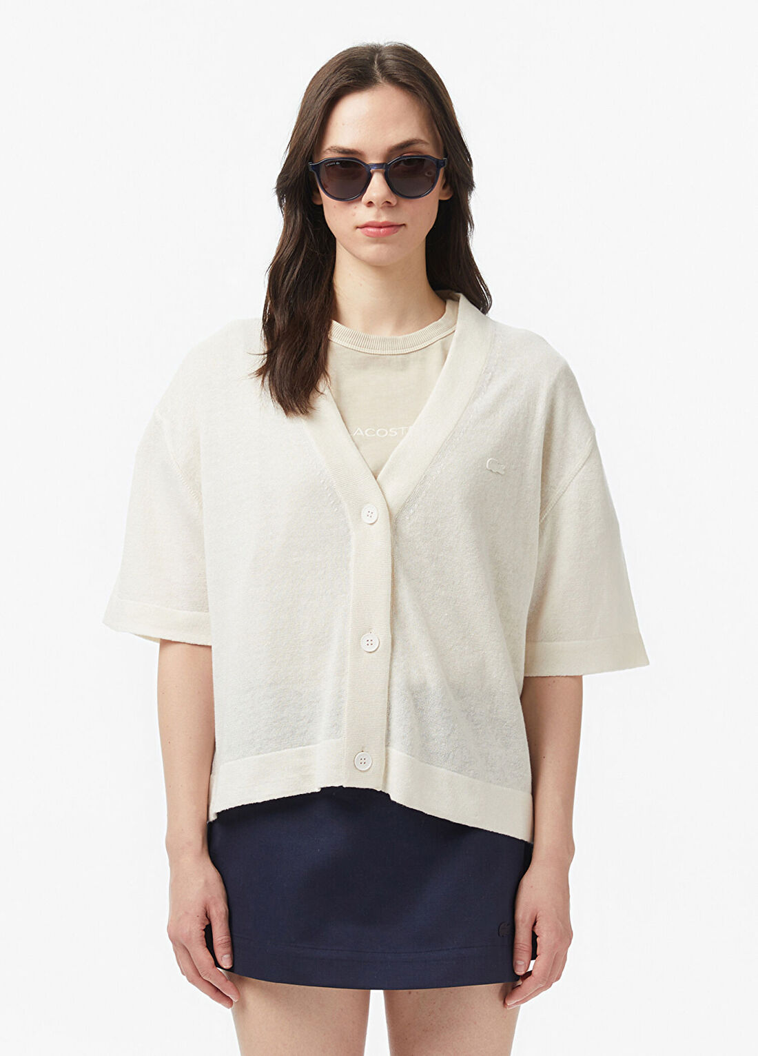 Lacoste Krem Keten V Yaka Relaxed Fit Kısa Kollu Kadın Hırka
