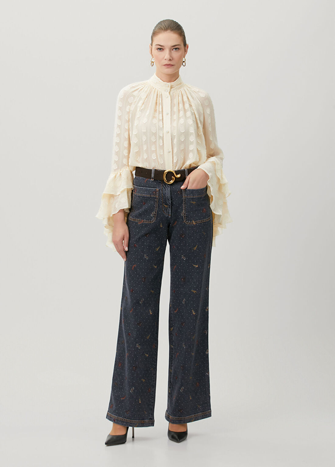 Etro Lacivert Puantiyeli Wide Leg Jean Pantolon