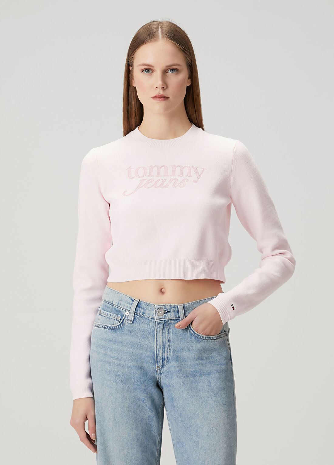Tommy Jeans Chenille Pembe Logo Nakışlı Crop Triko