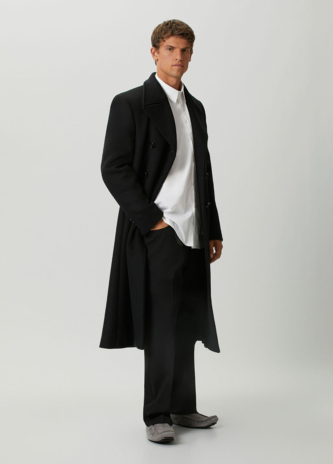 Balenciaga Skinny Fit Siyah Yün Kruvaze Palto