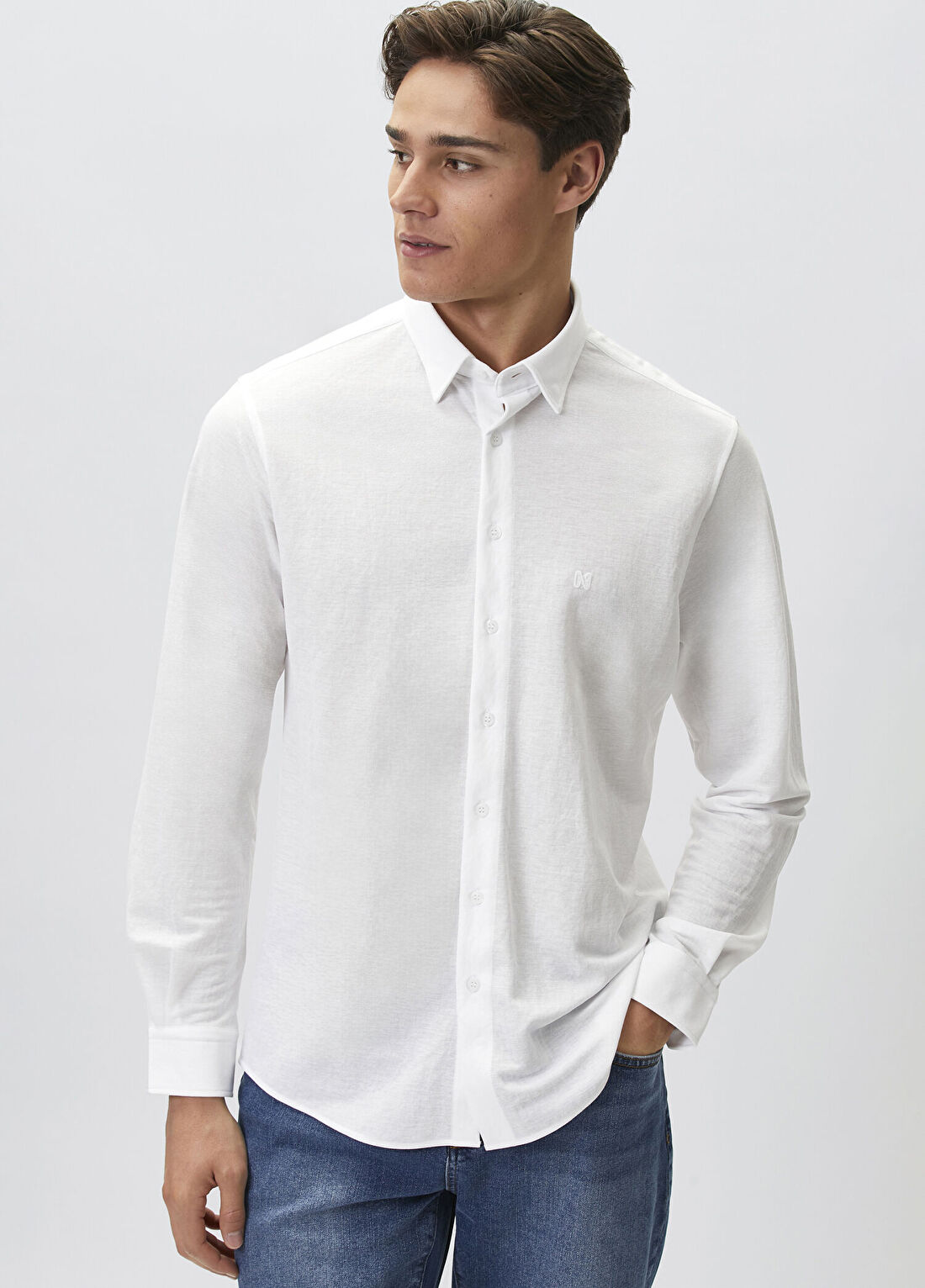 Network Slim Fit Beyaz Uzun Kol Örme Gömlek
