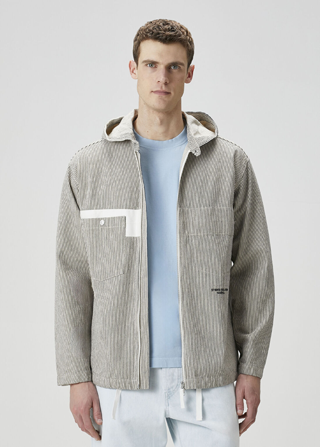 Stone Island Lacivert Kapüşonlu Çizgi Desenli Dış Gömlek