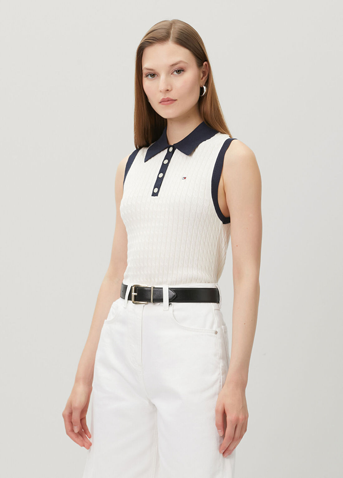 Tommy Hilfiger Ekru Saç Örgü Polo Triko görsel 3