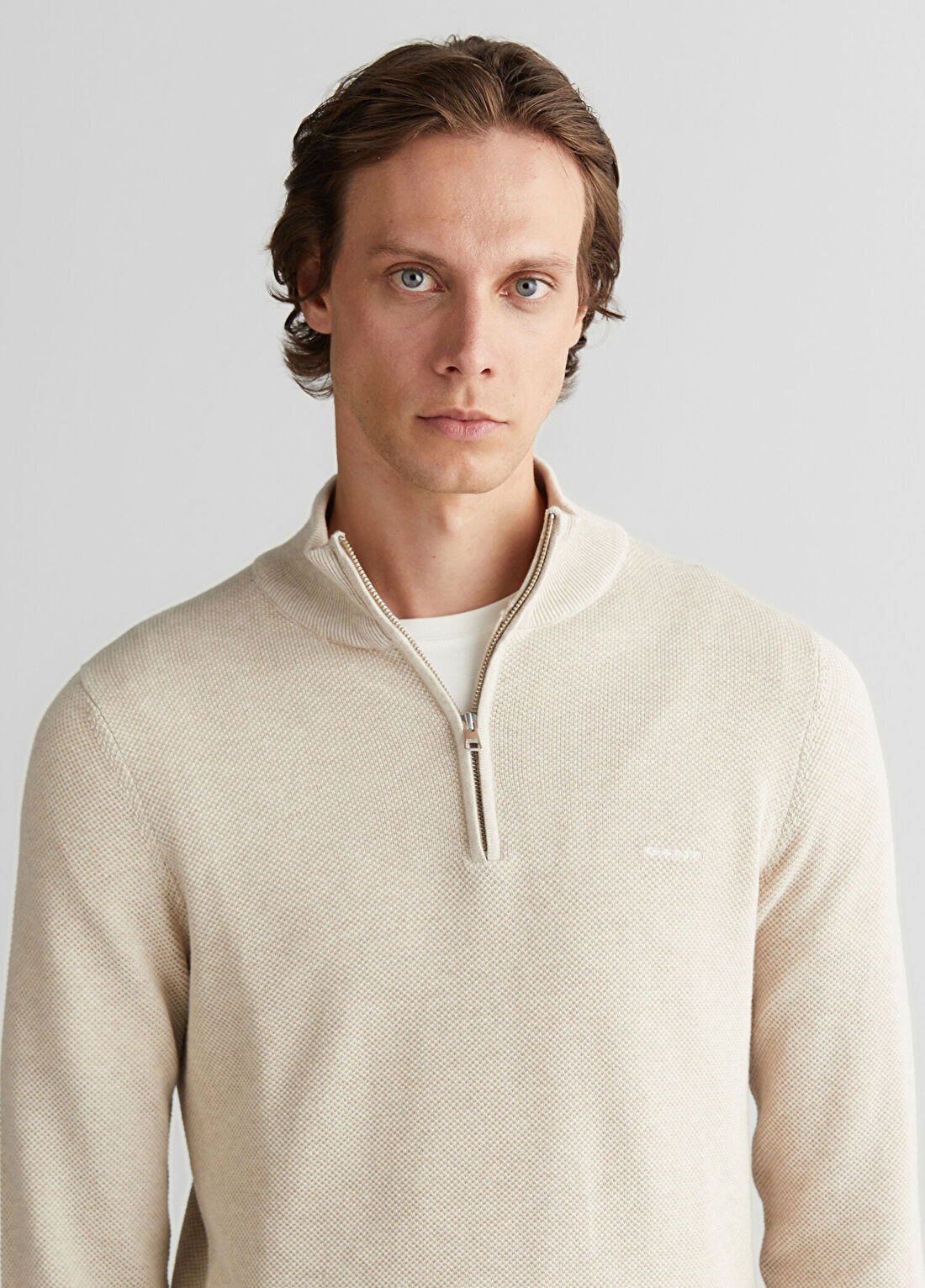 Gant Bej Regular Fit Yarım Fermuarlı Erkek Triko Kazak görsel 4