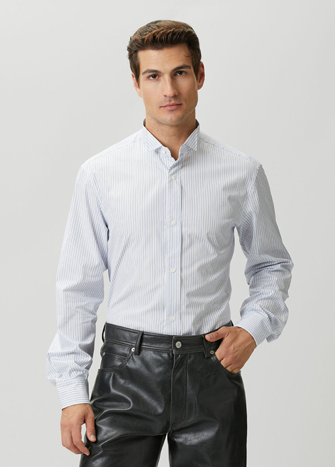 Maison Margiela Mavi Beyaz Çizgi Desenli Poplin Gömlek