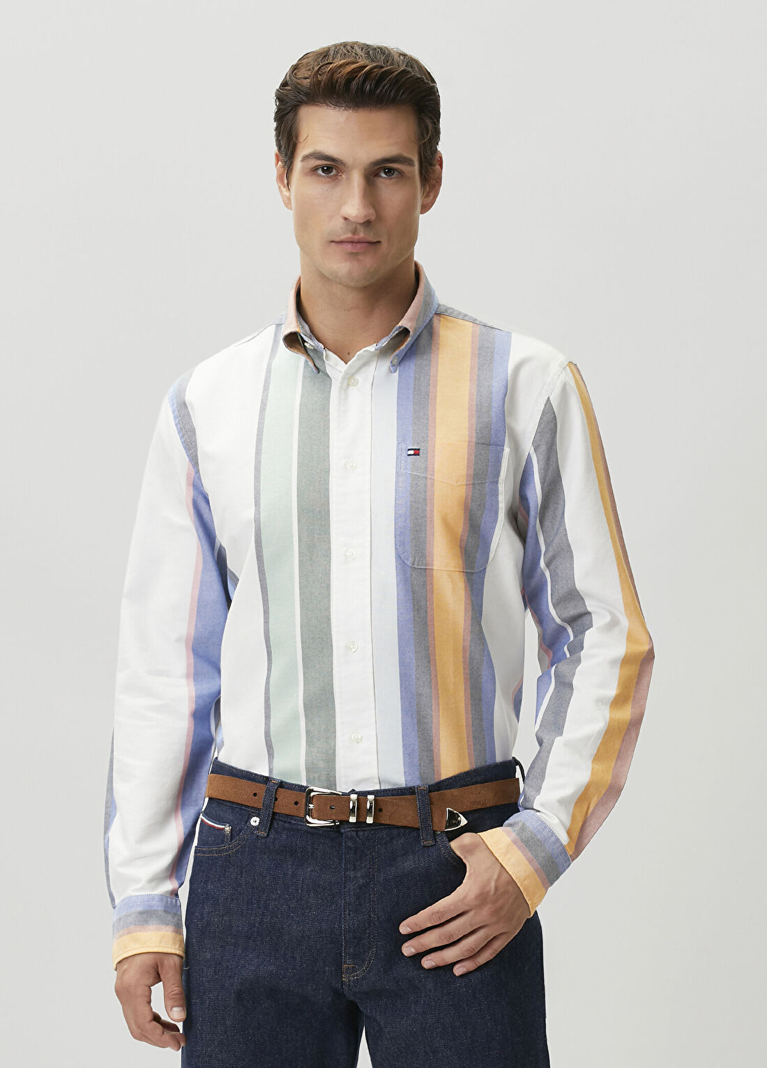 Tommy Hilfiger Beyaz Çizgi Desenli Oxford Gömlek