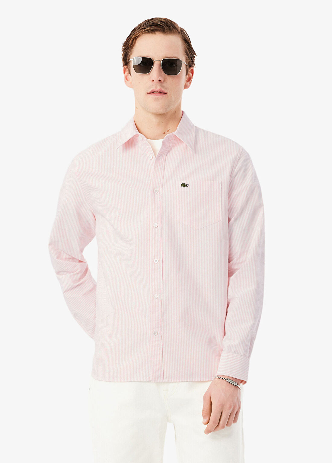 Lacoste Pembe Pamuklu Regular Fit Çizgili Uzun Kollu Erkek Gömlek