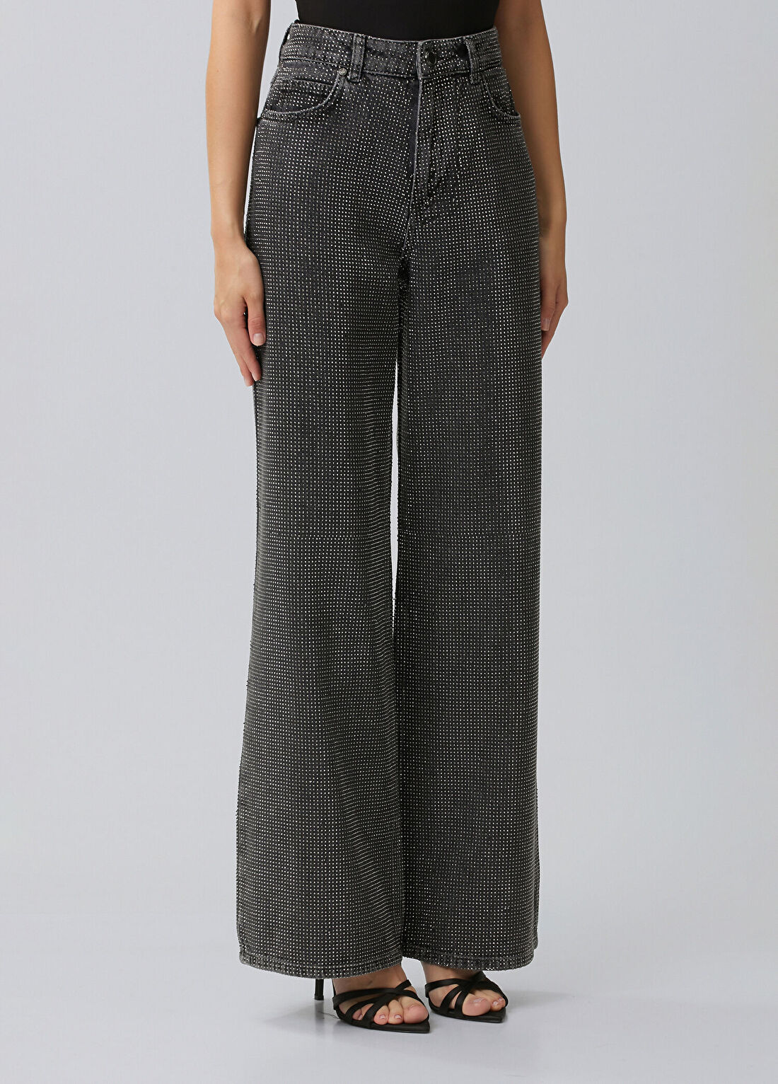 Network Antrasit Wide Leg Taş Baskılı Denim Pantolon görsel 3