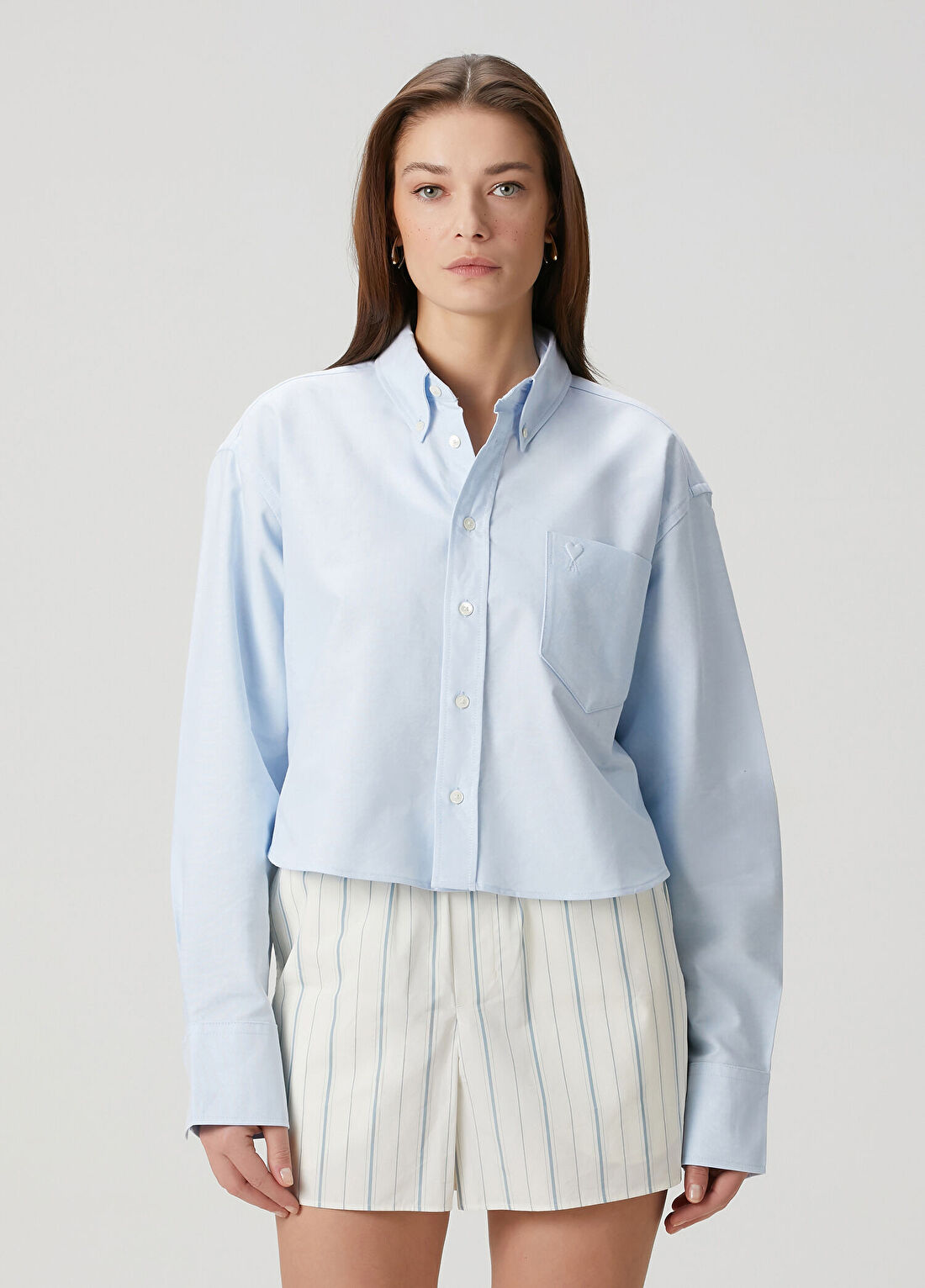 Ami Paris Oversized Açık Mavi Crop Oxford Gömlek