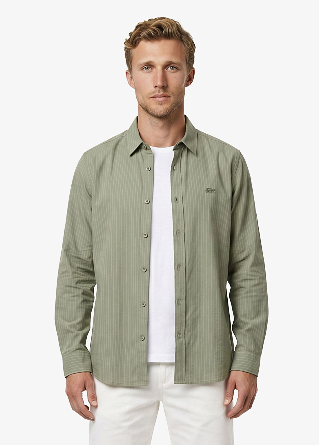 Lacoste Haki Regular Fit Düğmeli Yaka Çizgili Uzun Kollu Erkek Gömlek