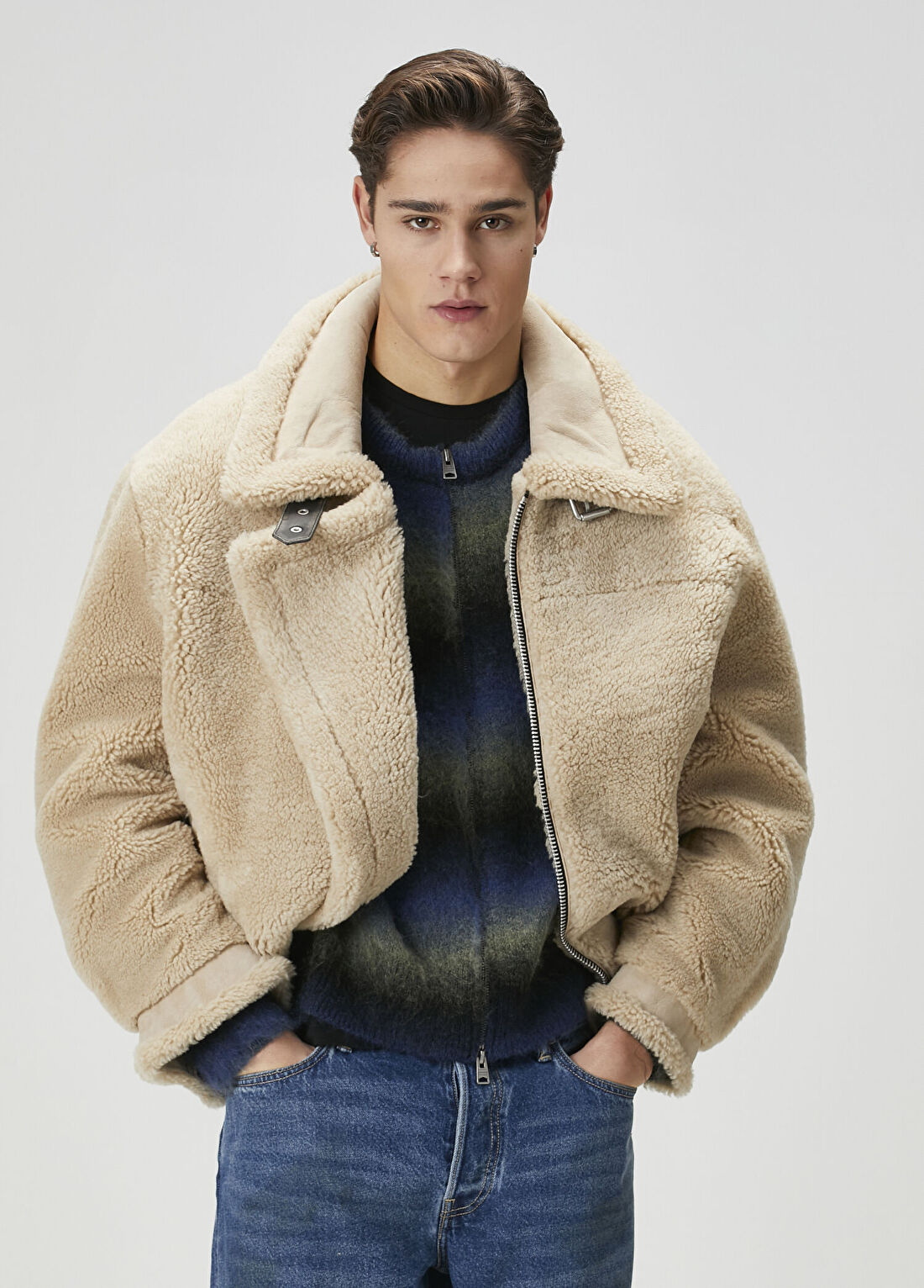AllSaints Vernon Bej Oversized Shearling Deri Mont görsel 2