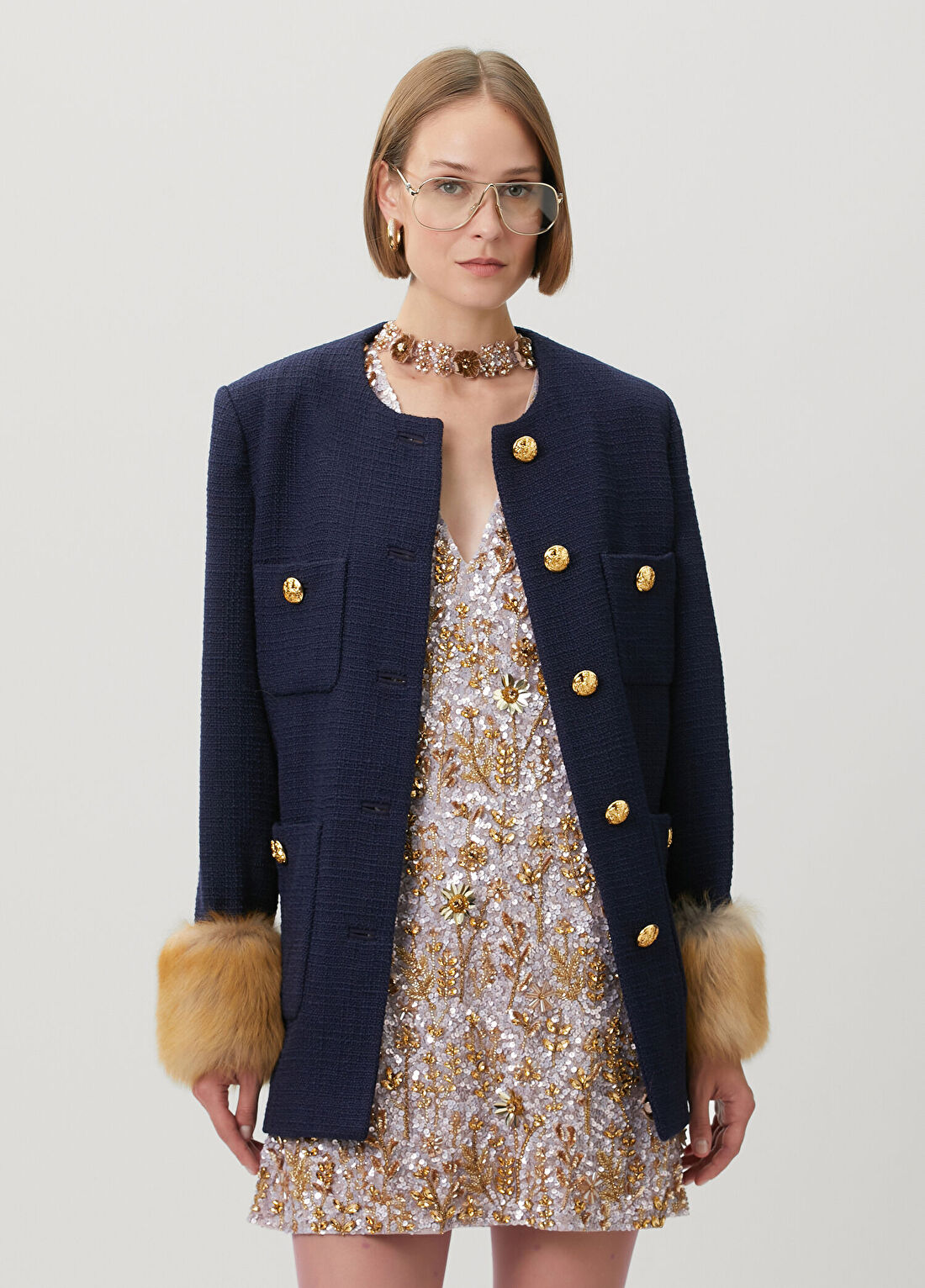 Valentino Lacivert Yün Tweed Kaban