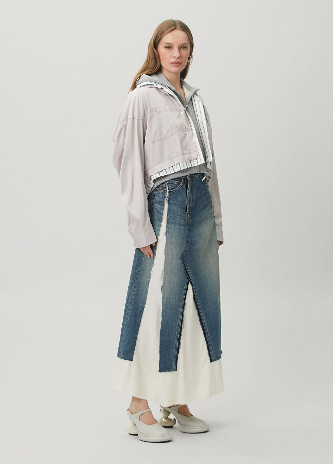 Maison Mihara Yasuhiro Mavi Beyaz Garnili Maksi Denim Etek