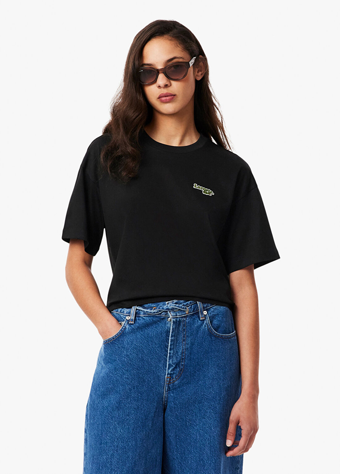 Lacoste Siyah Relaxed Fit Bisiklet Yaka Kısa Kollu Kadın T-Shirt