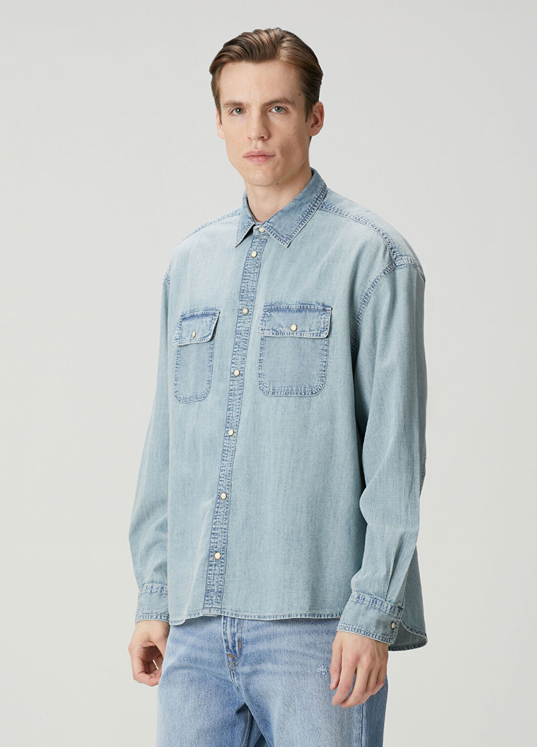 AllSaints Gribbs Mavi Denim Gömlek görsel 3