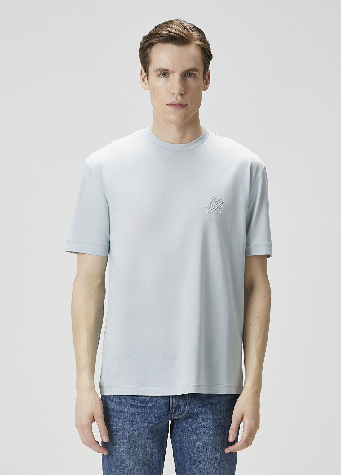 Giorgio Armani Açık Mavi Logo Nakışlı İpek T-shirt