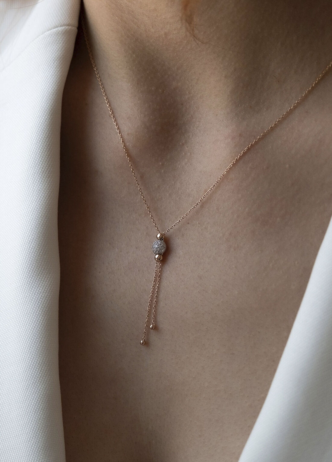 Safir Mücevher Luna Pırlanta Taşlı Rose Gold Altın Ayarlanabilir Kadın Y Kolye görsel 2