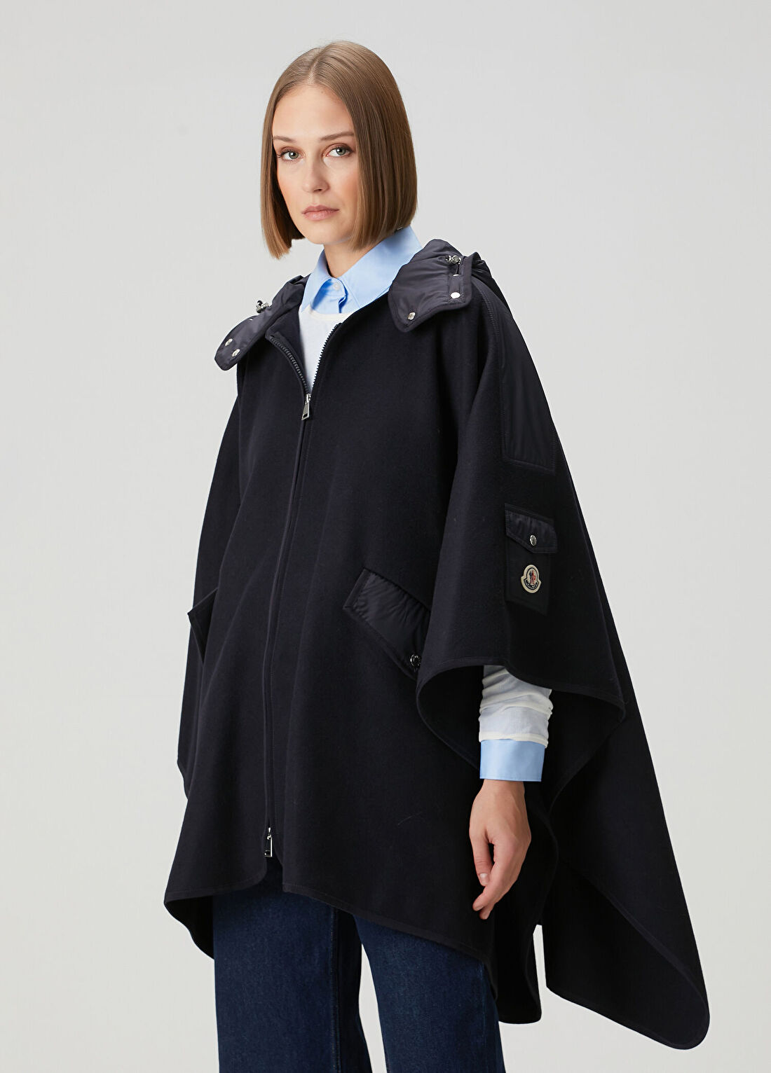 Moncler Lacivert Kapüşonlu Pelerin