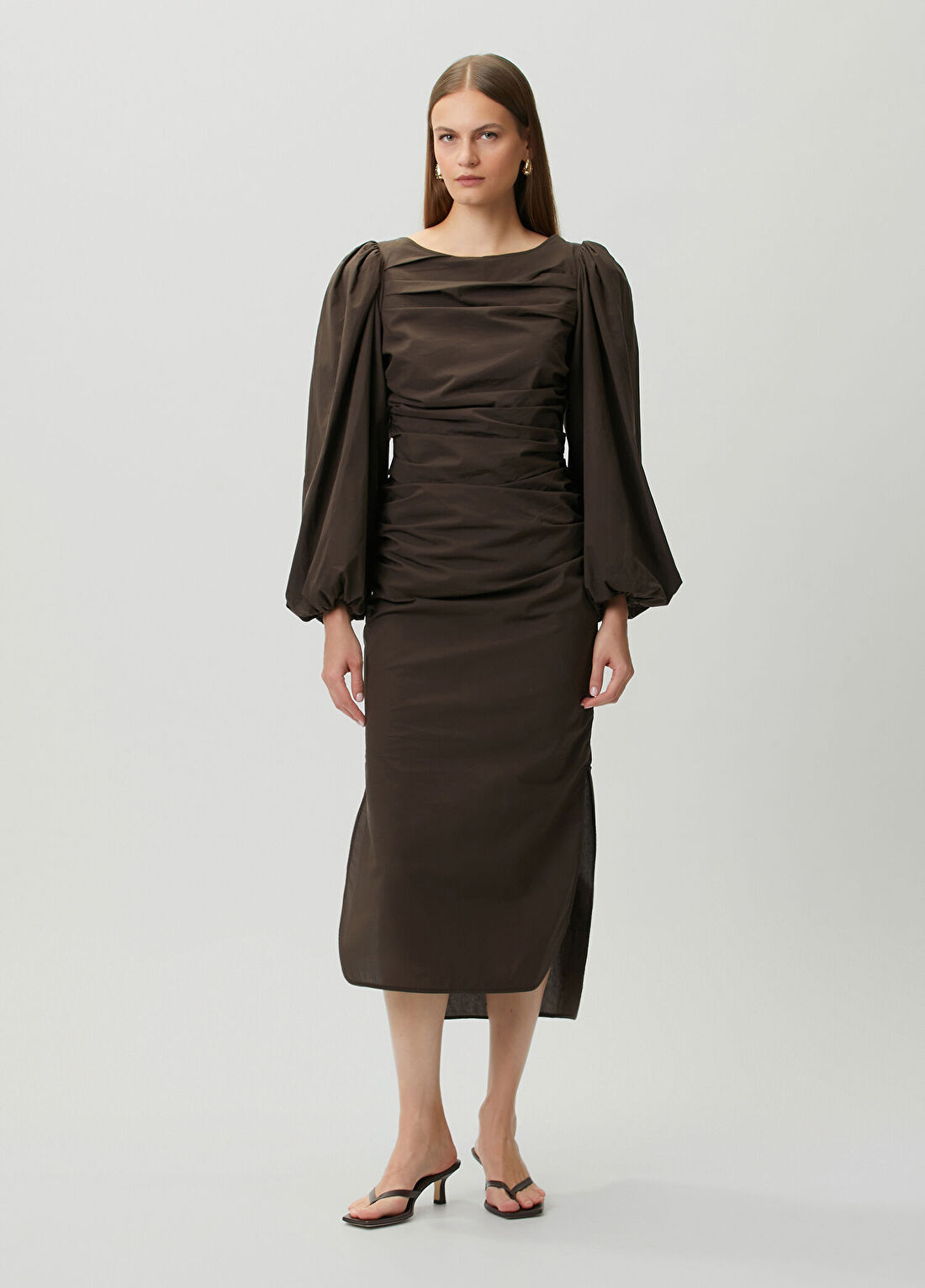 The Garment Kahverengi Drapeli Midi Elbise