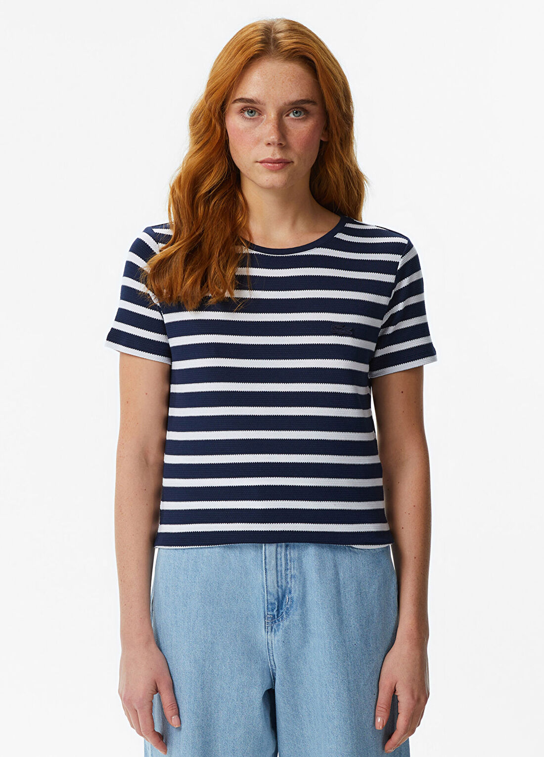 Lacoste Bisiklet Yaka Çizgili Slim Fit Lacivert Kadın T-Shirt