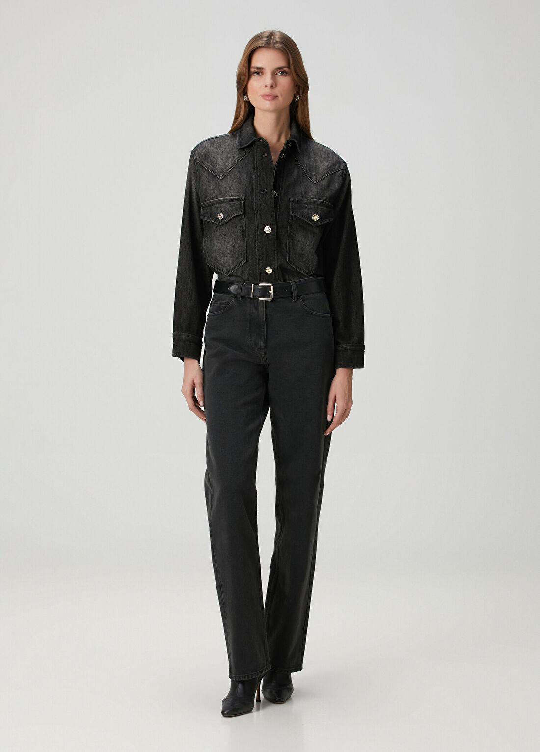 AllSaints Bryn Siyah Oversized Denim Gömlek görsel 2