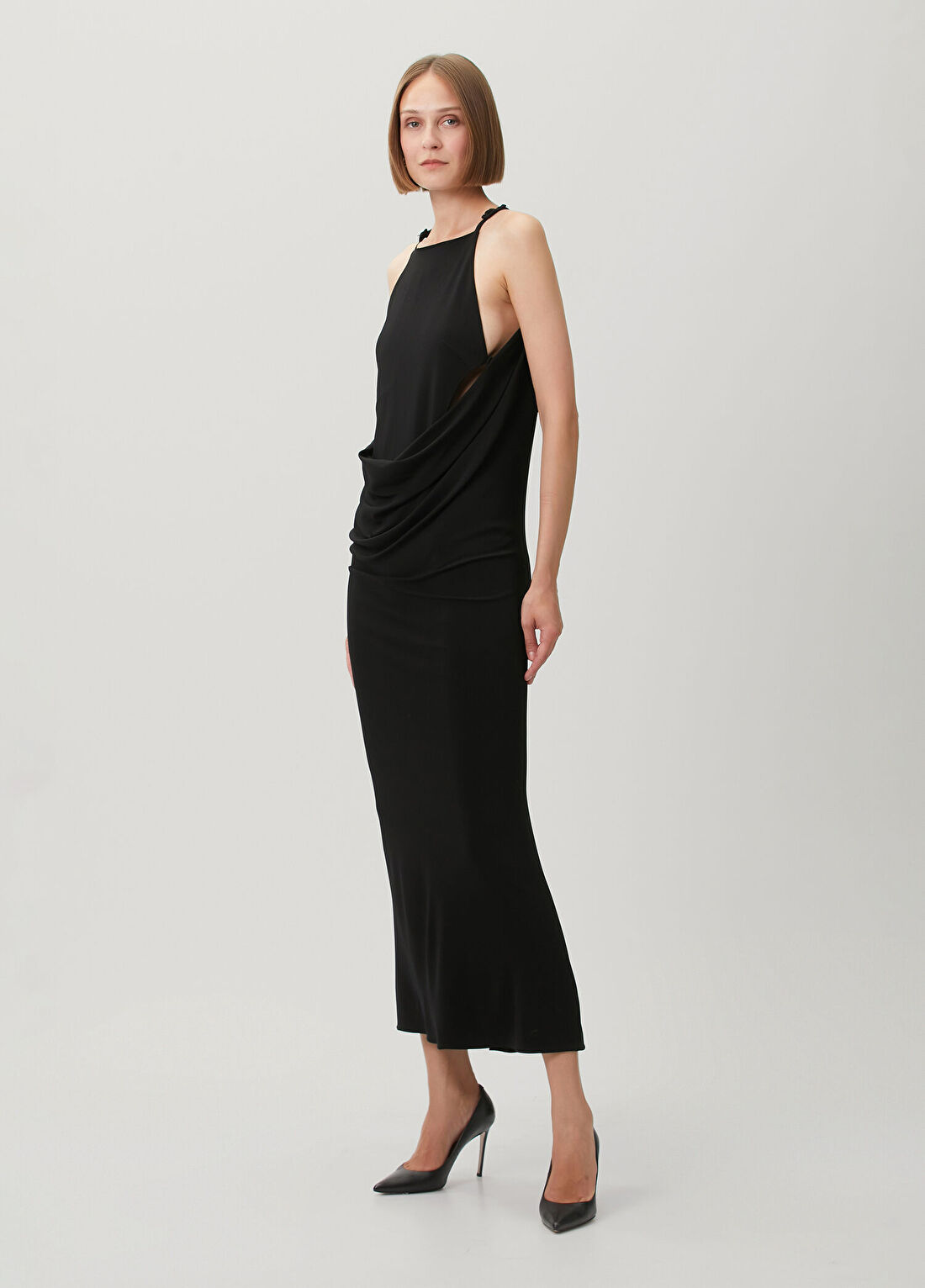 Courreges Siyah Drapeli Midi Kokteyl Elbise görsel 3