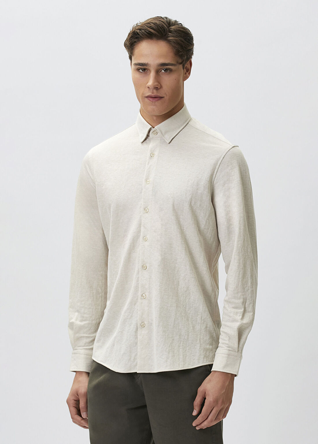 Network Slim Fit Bej Uzun Kol Örme Gömlek görsel 4
