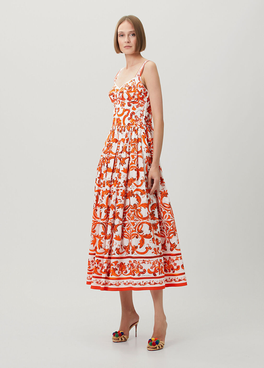 Dolce&Gabbana Majolica Turuncu Desenli Midi Poplin Elbise