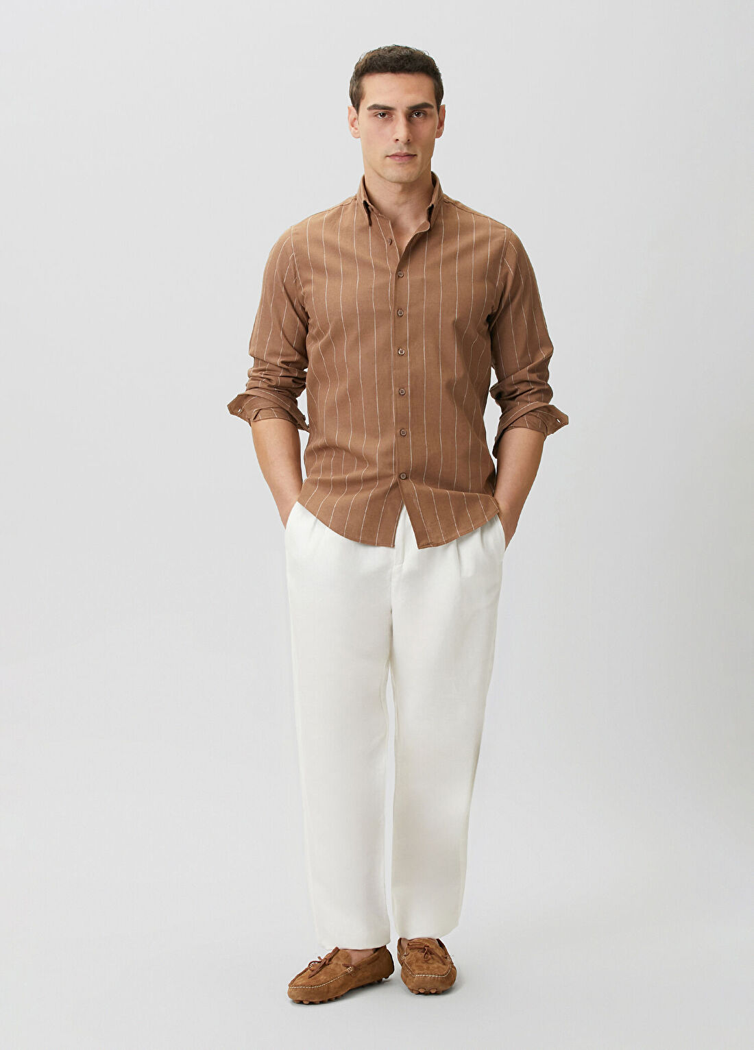 Network Slim Fit Kahverengi Çizgili Keten Gömlek görsel 2