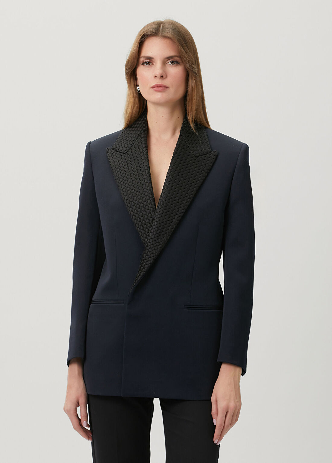 Bottega Veneta Lacivert Örgü Yakalı Kruvaze Yün Ceket