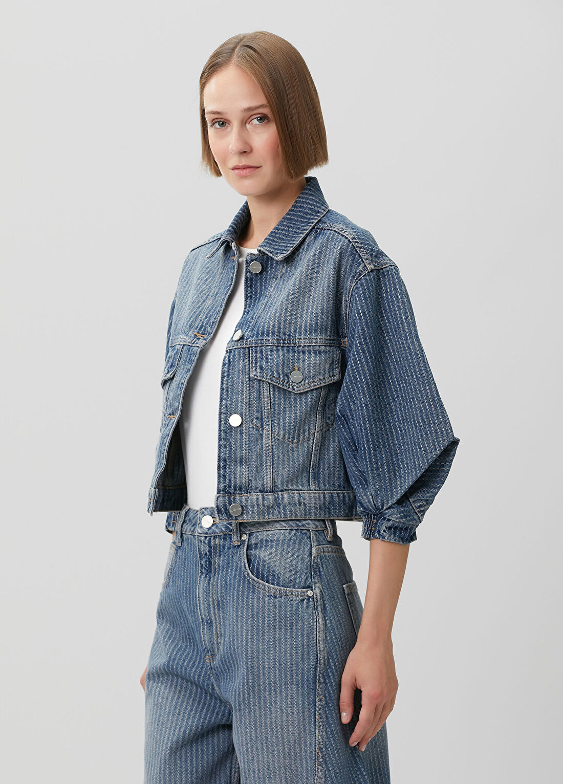 AllSaints Luca Mavi Çizgili Crop Denim Ceket görsel 3
