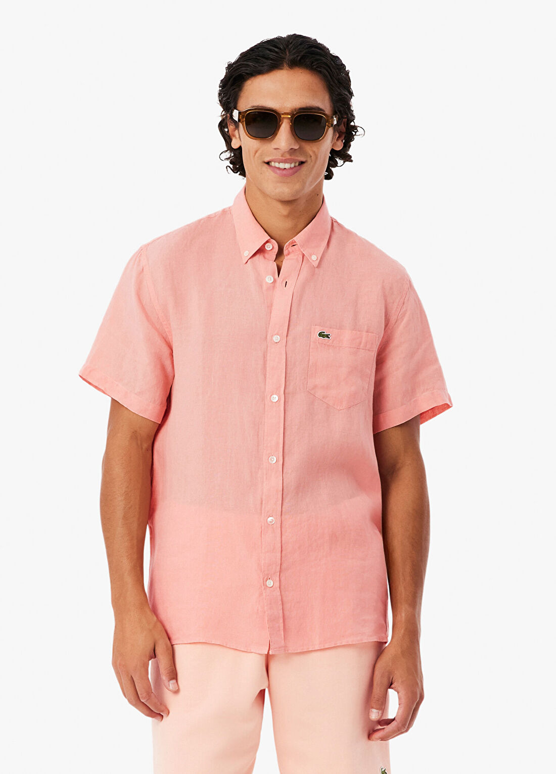 Lacoste Pembe Keten Regular Fit Kısa Kollu Erkek Gömlek