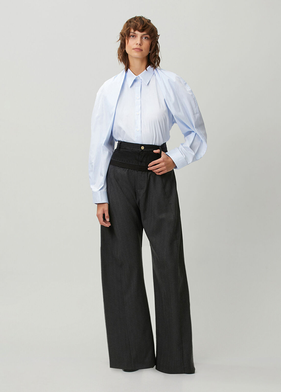 Litkovska Siyah Gri Denim Wide Leg Pantolon