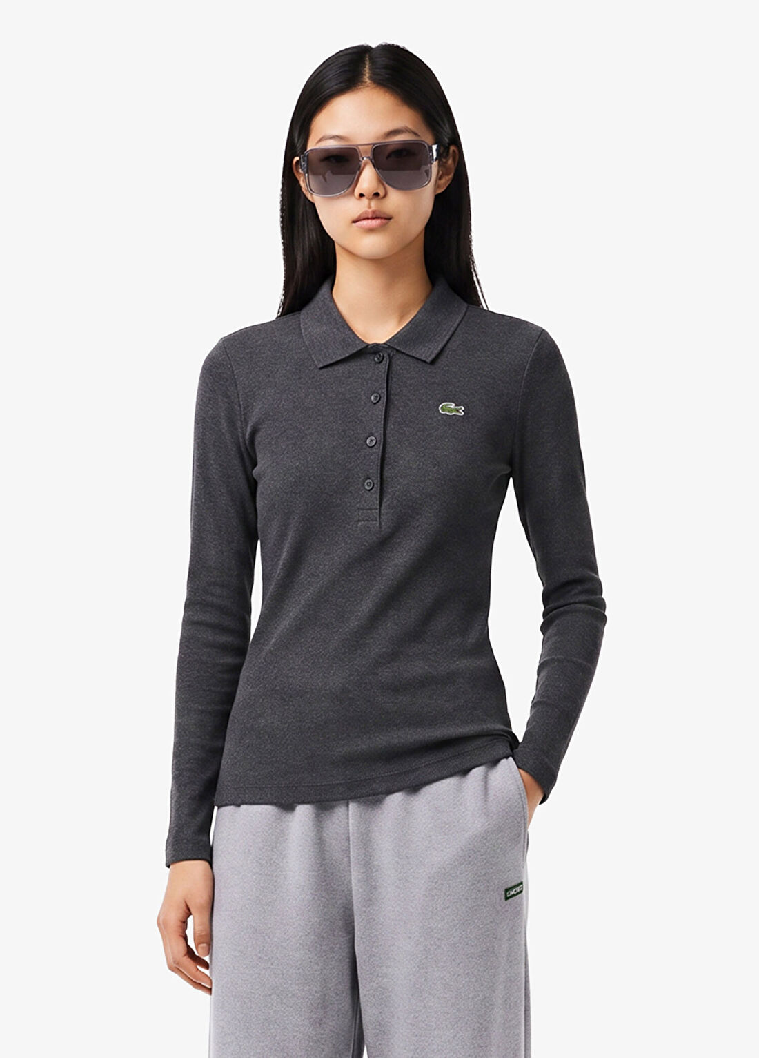 Lacoste L.12.D Slim Fit Gri Polo Yaka Uzun Kollu Kadın T-Shirt