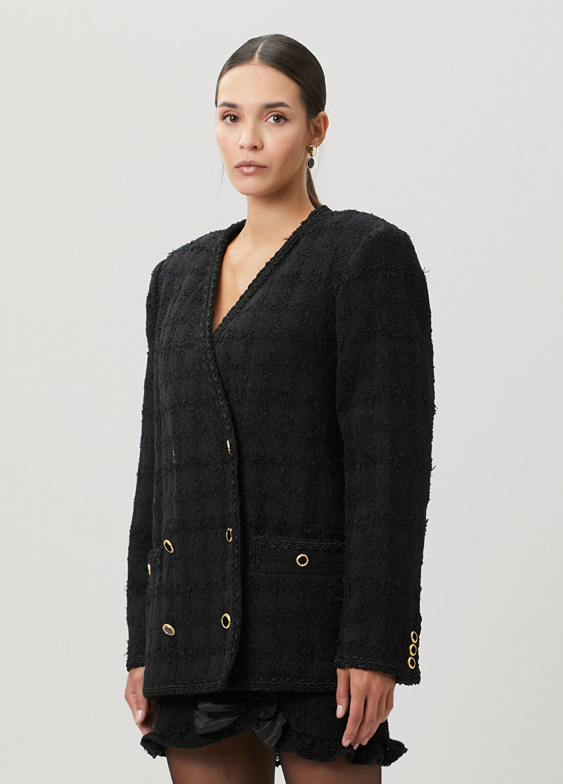 Alessandra Rich Siyah Kruvaze Tweed Ceket