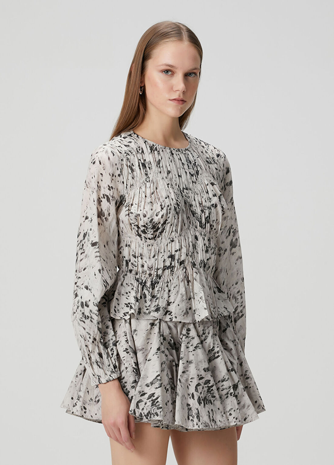 AllSaints Melani Ekru Siyah Desenli Bluz görsel 3