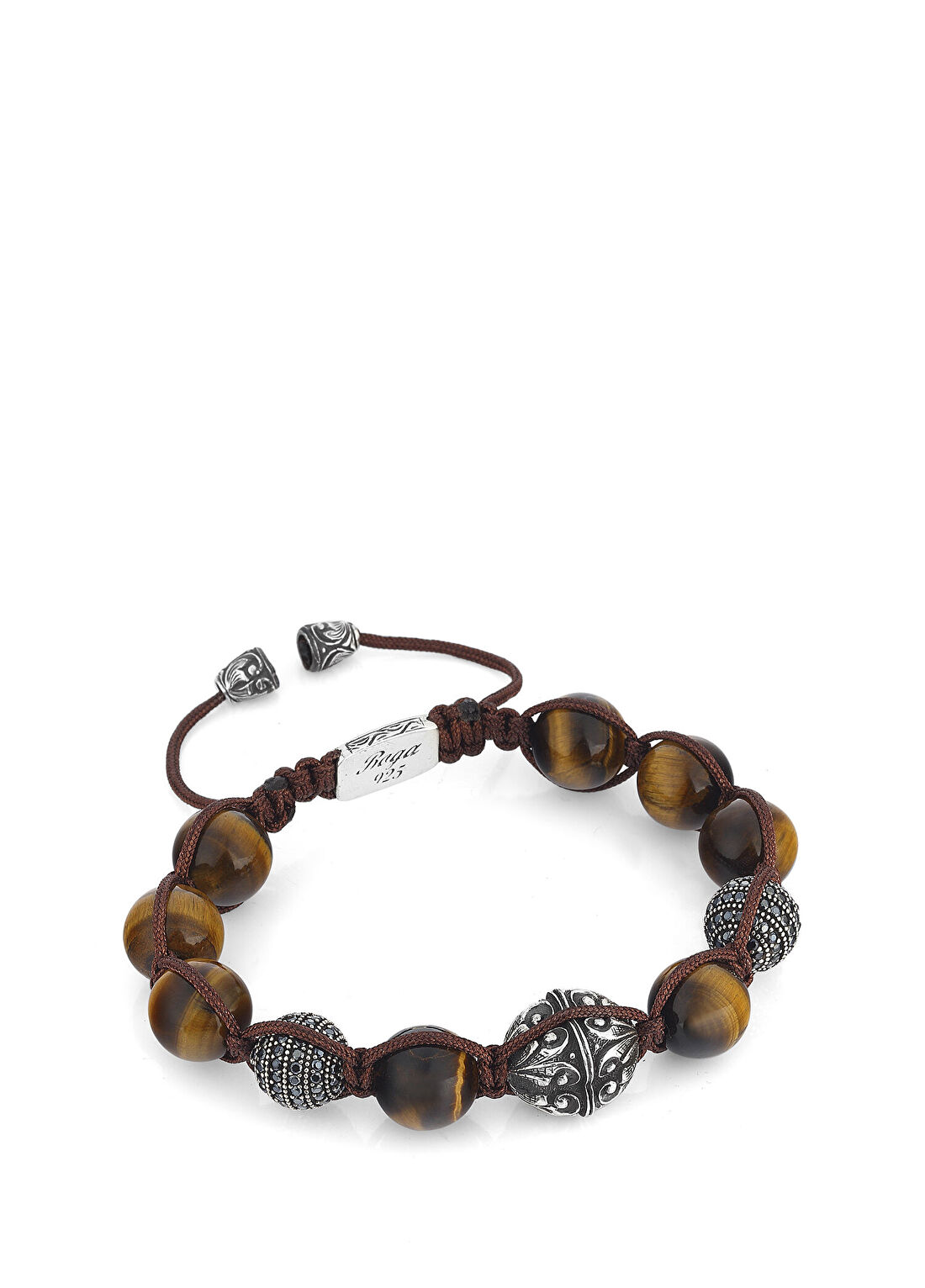 Boga Macrame Engraved Kahverengi Erkek Gümüş Bileklik görsel 2