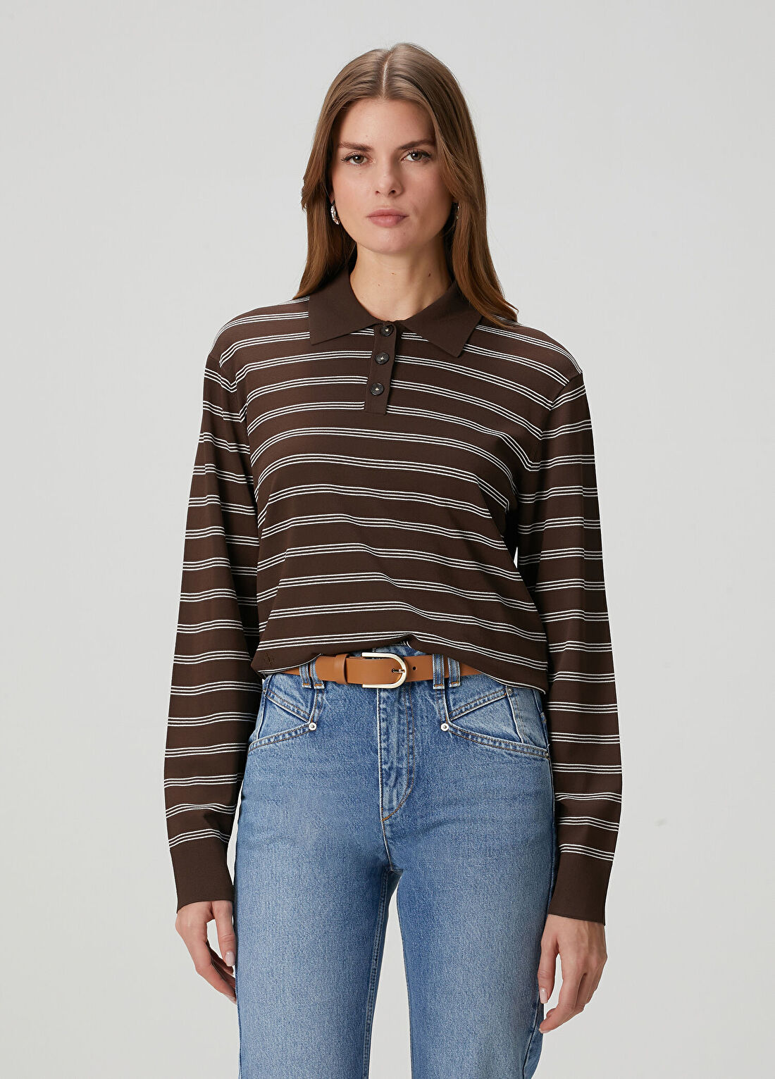 The Garment Madison Kahverengi Çizgili Uzun Kol Polo T-shirt