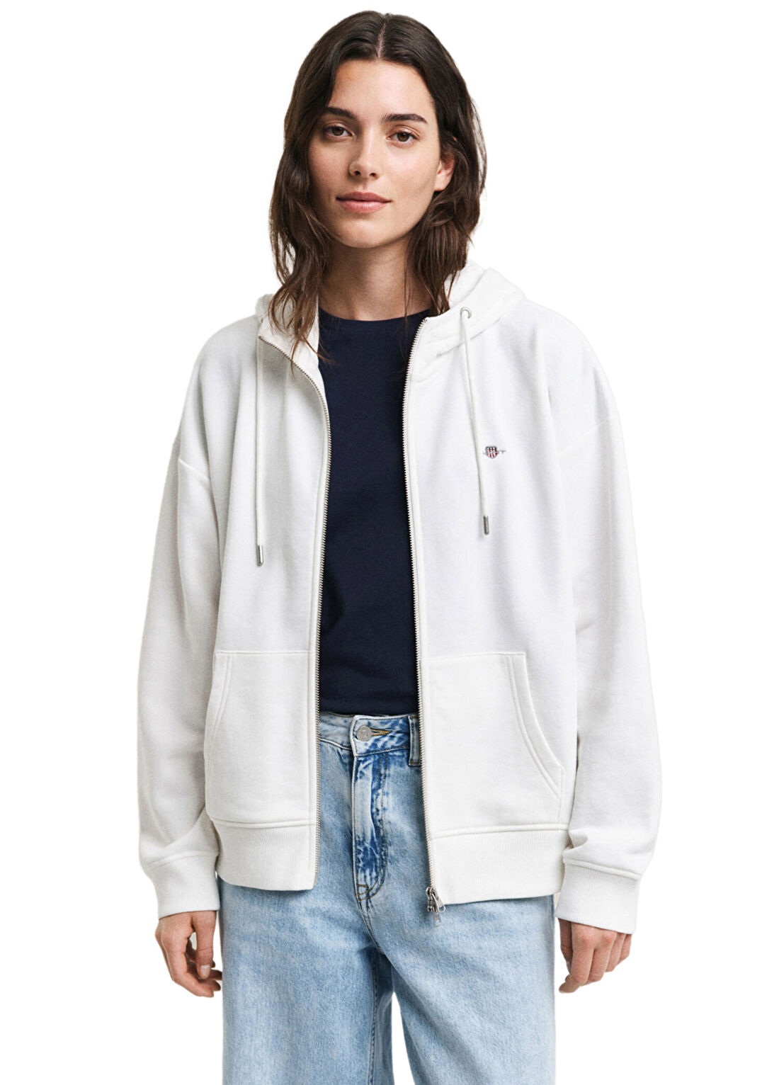 Gant Beyaz Fermuarlı Kapüşonlu Relaxed Fit Kadın Sweatshirt