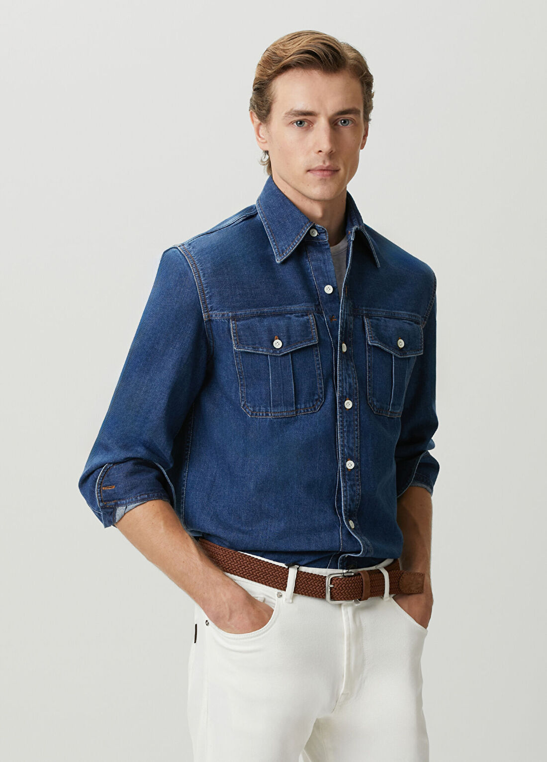 Isaia Lacivert Denim Gömlek