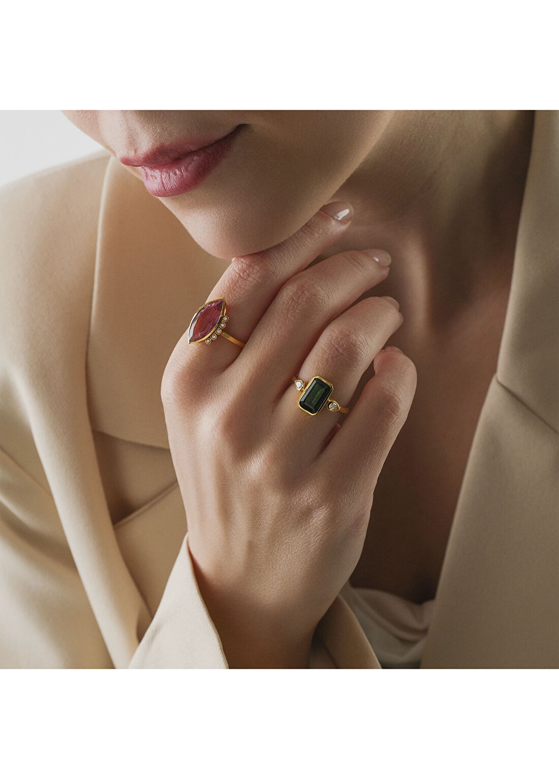 Aspendos Jewellery Markiz Turmalin 18 Ayar Altın Kadın Pırlanta Yüzük görsel 3