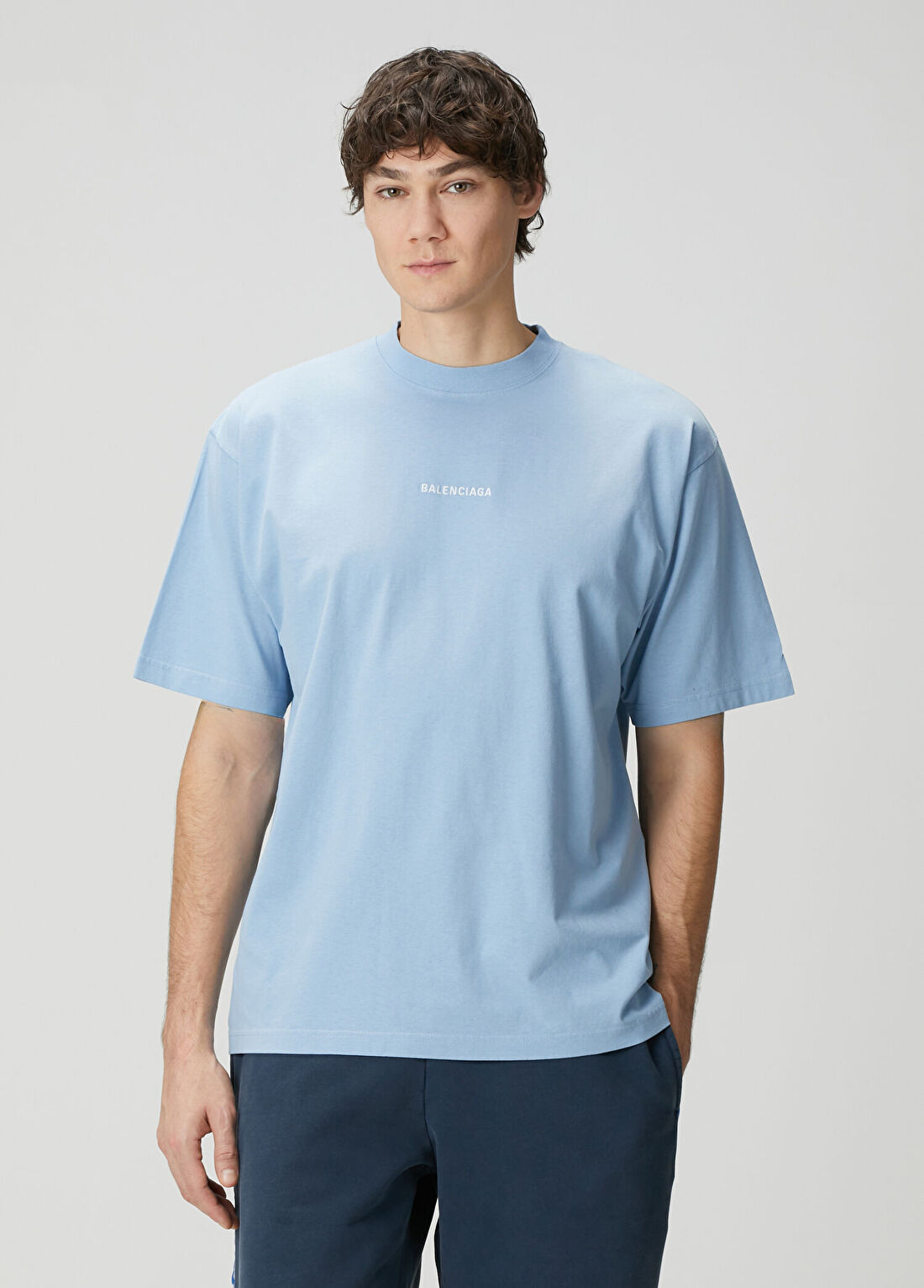 Balenciaga Açık Mavi Logo Nakışlı T-shirt