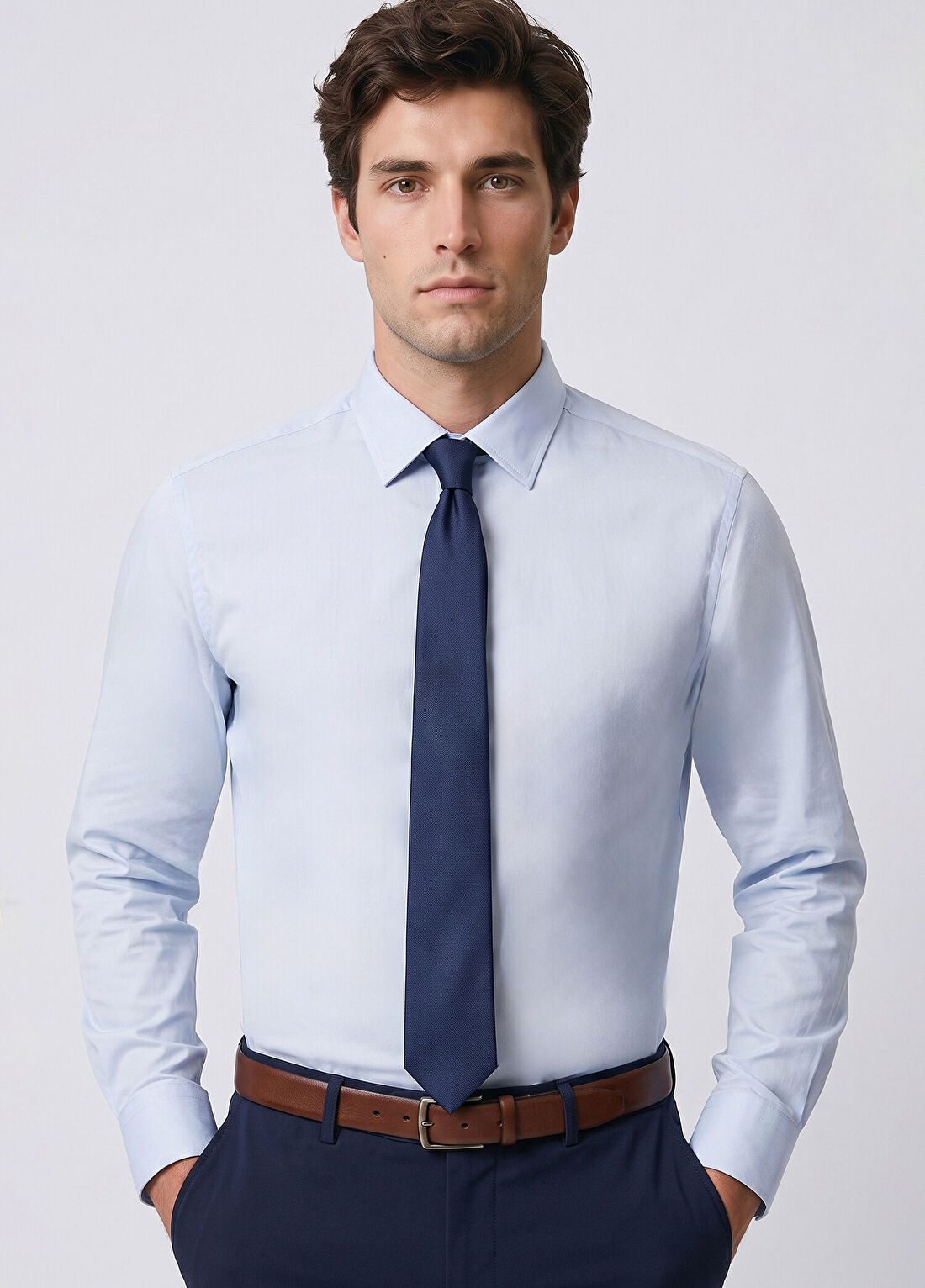 Network Mavi Slim Fit Pamuk Saten Gömlek
