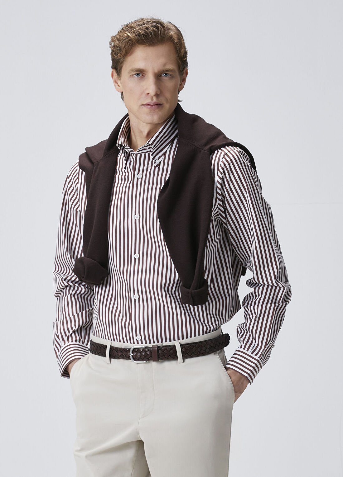 Beymen Collection Custom Fit Kahverengi Çizgili Gömlek