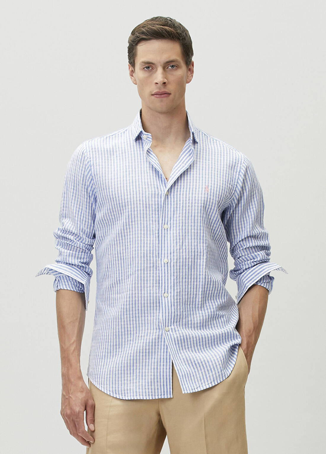 Polo Ralph Lauren Mavi Çizgi Desenli Keten Gömlek