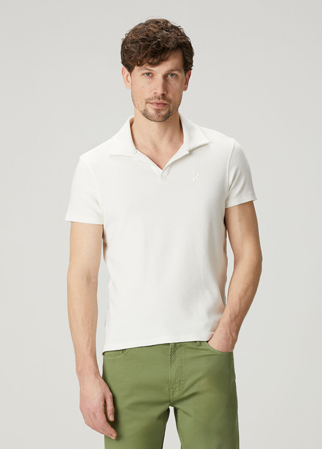 Isaia Beyaz Polo Yaka İpek T-shirt görsel 2