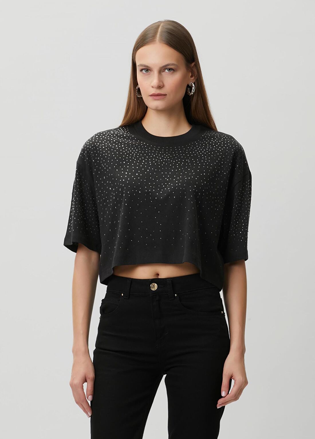 Guess Jersey Boxy Fit Siyah Taşlı T-shirt