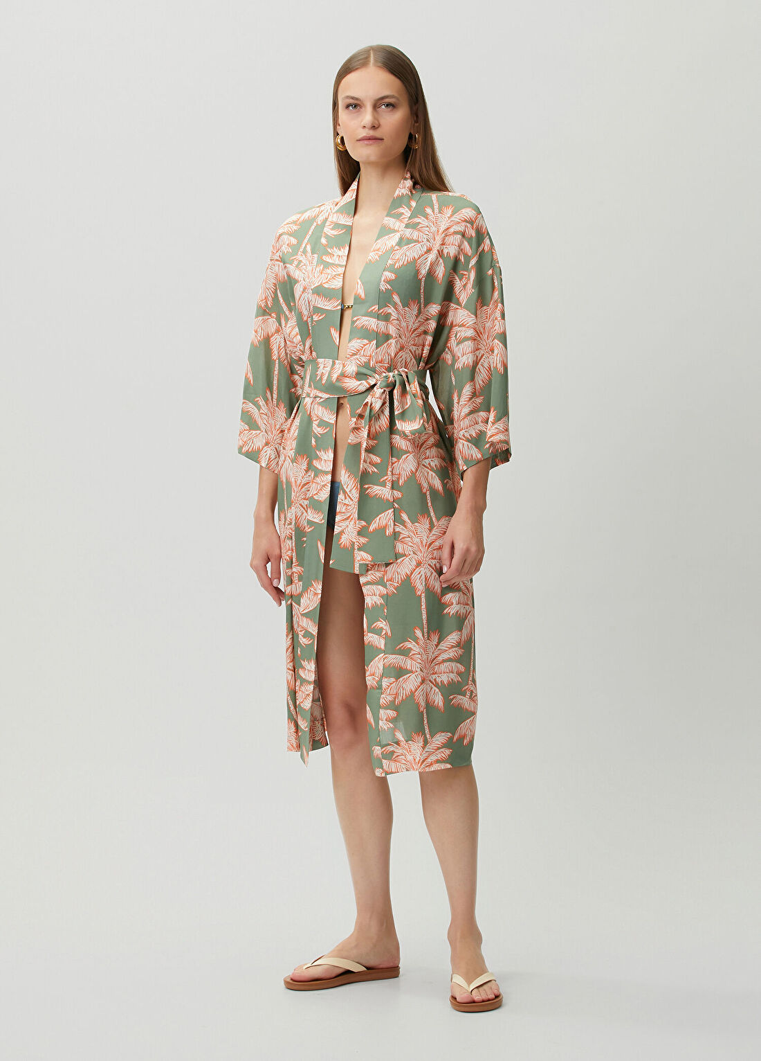 Dual Yeşil Palmiye Desenli Kimono görsel 3